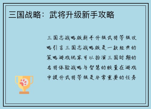 三国战略：武将升级新手攻略